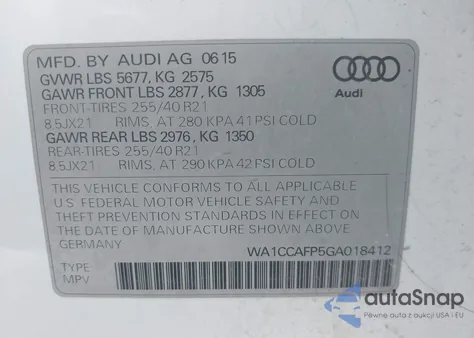 2016 Audi Sq5 3.0T Premium Plus из США, поврежденный, VIN WA1CCAFP5GA018412